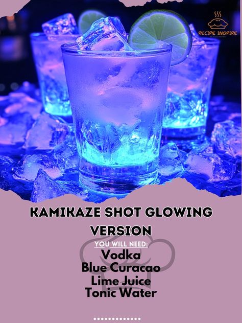 🌟 Get ready to light up the night with this electrifying Kamikaze Shot (Glowing Version)! 🥂 🍹 Kamikaze Shot (Glowing Version) 🌟 Ingredients: - 1 oz Vodka (30 ml) - 1 oz Blue Curacao (30 ml) - 1 oz Lime Juice (30 ml) - Tonic Water - Ice cubes - Tonic water - Blacklight - Shot glasses Instructions: 1. Fill a shaker with ice. 2. Add vodka, Blue Curacao, and lime juice. 3. Shake well and strain into shot glasses. 4. Turn off the lights and turn on the blacklight. 5. Top each shot with a splash... Kamikaze Shot, Vodka Blue, Water Ice, Light Up The Night, Boozy Drinks, Blue Curacao, Tonic Water, Kamikaze, Ice Cubes