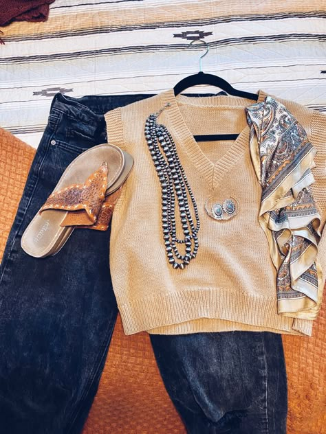 Sweater, neutral, wild rag, sandals, jeans, neutral South Western Outfits, Ffa Teacher Outfits, Womens Wild Rag Outfits, Sweater Vest Western Outfit, Cowgirl Business Casual, Western Cottagecore Outfits, Western Professional Attire, Stockshow Outfits, Western Work Outfit