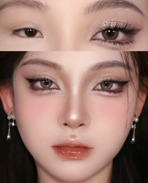 #douyin #makeup #inspo Golden Douyin Makeup, Douyin Make Up, Doujin Makeup Trend, Doujin Makeup, Make Up Douyin, Red Makeup Looks, Purple Eyeshadow Looks, Cool Eyeshadow, Yellow Eye Makeup