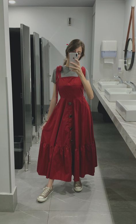 Self tie shoulder fit and flare dress Light Academia Outfit, Red Long Dress, Girls Fashion Tops, Trendy Outfits Indian, Fashion Design Books, Frock Fashion, Cute Modest Outfits, Long Skirt Outfits, Long Red Dress