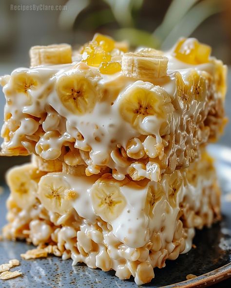 Banana Pudding Rice Krispie Treats - A Delightful Dessert! - Recipes By Clare Types Of Pudding, Creamy Banana Pudding, Pudding Rice, Crunchy Rice, Banana And Rice, Instant Banana Pudding, Chocolate Cherry Cookies, Pistachio Cheesecake, Krispie Treats Recipe