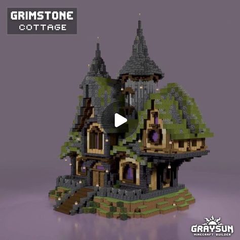 Dark Cottage Minecraft, Graysun Minecraft Build, Goth Minecraft Builds, Minecraft Fantasy House, Medieval Cottage, Minecraft Basement Ideas, Cottage Minecraft, Minecraft Building Guide, Medieval House