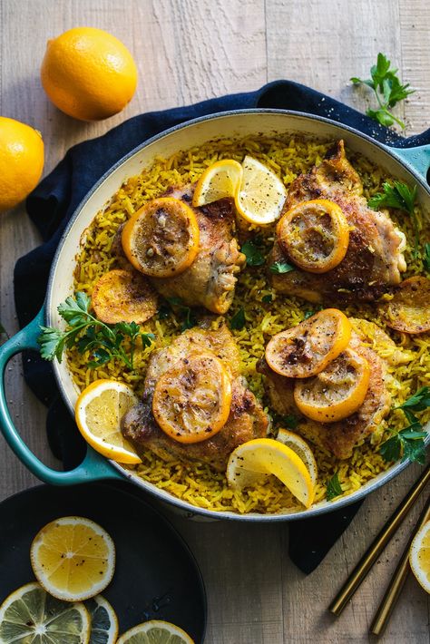 This simple yet elevated One Pan Meyer Lemon Chicken with Golden Rice combines the brightness of vibrant meyer lemons, with the cozy & warm flavors of turmeric and ginger. It's made completely in one pan, it's a little different from your average chicken dish, and it celebrates the long-awaited winter citrus season! Serve it with your favorite roasted vegetable, or a simple salad! #meyerlemons #chicken #onepan #dinner #wintercitrus Kale Chicken Soup, Meyer Lemon Chicken, Chickpea Bowls, Meyer Lemon Recipes, Lemon Chicken Thighs, Lemon Tahini Sauce, Golden Rice, Turmeric And Ginger, Delicious Chicken Dinners