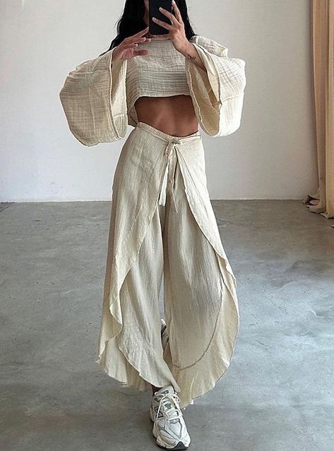 Lace Up Trousers, Summer Loungewear, Split Pants, Stylish Crop Top, Linen Fashion, Fall Winter Dresses, Shirt Pant Set, Pants Summer, Suit Women