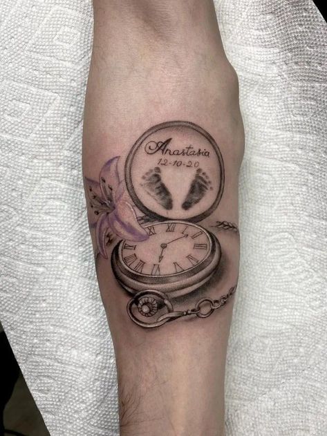 Child Birth Tattoo Ideas, Tattoos Baby Ideas For Mom, Child Tattoo Ideas For Dad, Grandson Tattoo Ideas, Birth Clock Tattoo, Parker Tattoo, Savannah Tattoo, Newborn Tattoo Ideas, Tattoos For Your Child