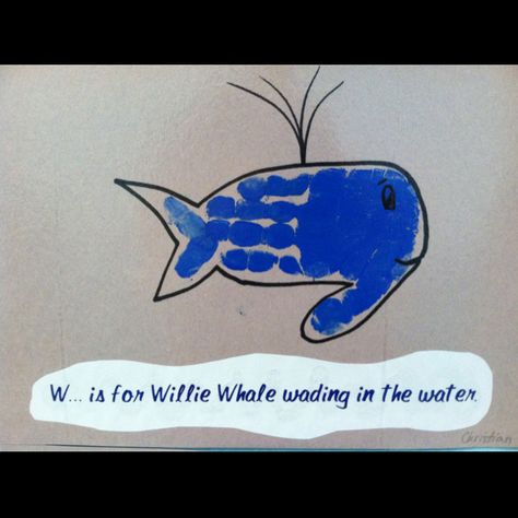 W is for Handprint Whale Wading in the Water. Leave off the thumb for a less fish-like Whale. W Is For Handprint Craft, W Handprint Craft, Letter W Handprint Craft, Whale Handprint Craft, Handprint Whale, Letter W Crafts For Toddlers, W Is For Whale, Letter W Crafts, Handprint Alphabet