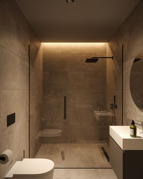 Square Bathroom Ideas Interior Design, Modern Bathroom Design Colorful, Bathroom Ideas Square Room, Stone Colored Bathroom, Private Bathroom Ideas, Small Square Bathroom Design, Natural Colors Bathroom, Toilet In Shower Area, Natural Stone Bathrooms