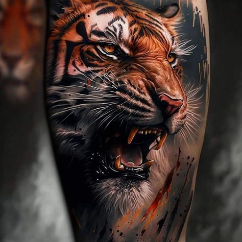 Tiger Tattoo Realistic, Realistic Animal Tattoos, Ryan Tattoo, Tiger Tattoo Ideas, Panther Tattoos, Tiger Head Tattoo, Animal Tattoos For Women, Colour Tattoo For Women, Tiger Tattoo Sleeve