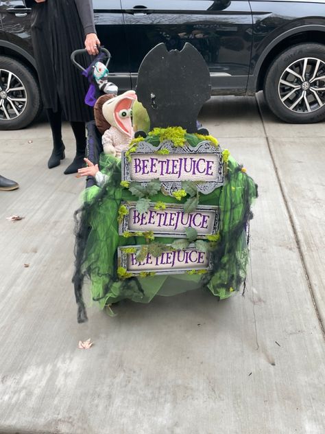 Baby beetlejuice wagon toddler parade Toddler Wagon Halloween Costumes, Beetlejuice Family Costume Halloween, Veer Wagon Halloween, Baby Beetlejuice, Halloween Costumes With Wonderfold Wagon, Wagon Halloween Costumes, Wagon Costume, Beetlejuice Costume, Beetlejuice Halloween