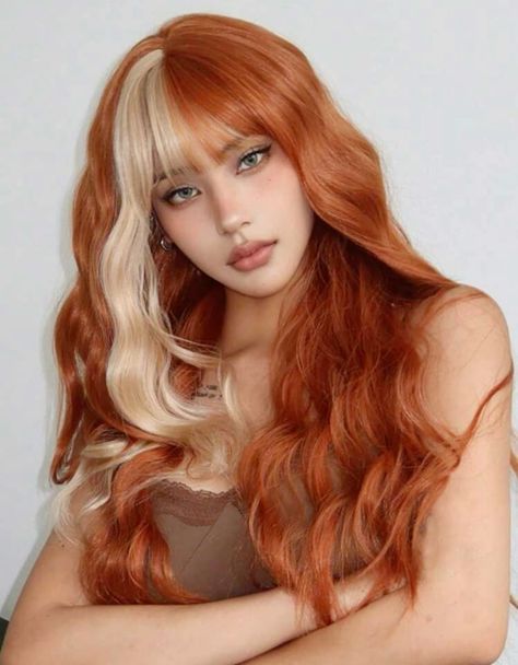 Blonde And Red Hair Highlights, Bangs Different Color Than Hair, Orange Hair Blonde Highlights, Blonde With Orange Highlights, Orange With Blonde Highlights, Orange Hair With Bangs, Orange Hair Makeup, Blonde And Orange Hair, Orange And Blonde Hair