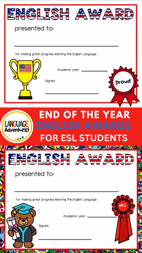 English Awards for English Language Learners Awards Certificates Design, Student Awards Certificates, Student Certificates, Kids Summer Activities, English Flag, English Christmas, Student Growth, Star Students, Student Achievement