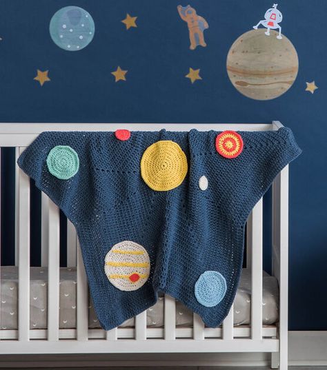 How To Make Bernat® Baby Blanket™ Solar System Crochet Baby Blanket Online | JOANN Space Baby Blanket, Unique Crochet Blanket, Bernat Baby Blanket, Crochet Blanket Pattern Easy, Half Double Crochet Stitch, Easy Crochet Blanket, Crochet Blanket Designs, Easy Crochet Patterns Free, Crochet Patterns Free Blanket