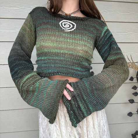 Handmade Spiral Knit Sweater - Chlorophyll One... - Depop Spiral Sweater, Crochet Spiral, Handmade Knit, Spiral Pattern, Fairy Core, Handmade Knitting, Crochet Ideas, Knit Sweater, Knit Crochet