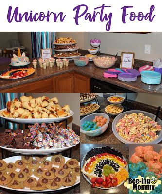 Magical Unicorn Birthday Party Food - Rainbow snacks and unicorn horn shape food Unicorn Dinner Ideas, Unicorn Birthday Party Meal Ideas, Easy Unicorn Party Food, Unicorn Birthday Party Finger Foods, Rainbow Unicorn Food Ideas, Food For A Unicorn Birthday Party, Unicorn Themed Party Food, Unicorn Party Appetizers, Unicorn Birthday Party Snack Ideas