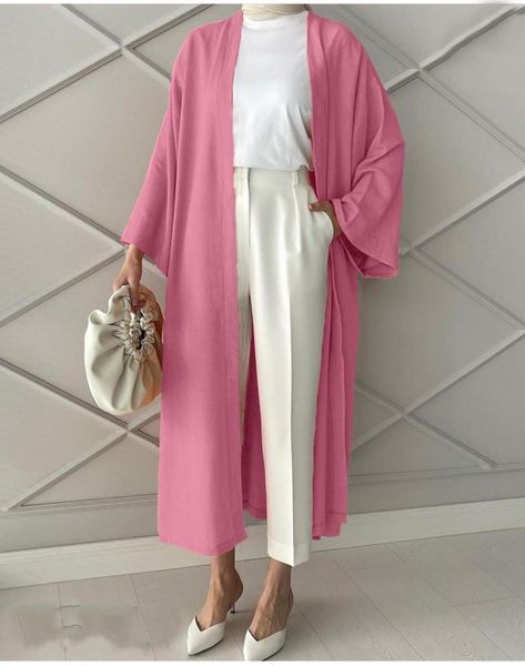 Cardigan Outfit Summer Hijab, Pink Kimono Outfit, Dress With Cardigan Outfit, Cardigan Outfit Hijab, Hijabi Fashion Summer, Linen Style Fashion, Hijab Fashion Summer, Modest Casual Outfits, Mode Kimono