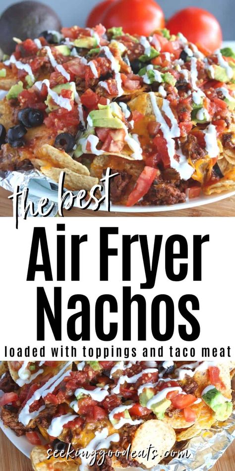 Air Fryer nachos are both delicious AND easy! Loaded air fryer nachos with ground beef taco meat, lots of melty cheese, and your favorite delicious topping. Feel free to use shredded or ground chicken, pork, or even go meatless. Make these low carb and keto nachos by using pork rinds instead of chips This air fryer nachos recipe makes a filling appetizer or snack, or a main dish dinner or lunch. Enjoy! Nachos With Ground Beef, Air Fryer Nachos, Ground Beef Nachos, Ground Beef Taco Meat, Loaded Nachos Recipe, Beef Taco Meat, Air Fryer Recipes Beef, Keto Nachos, Nachos Loaded