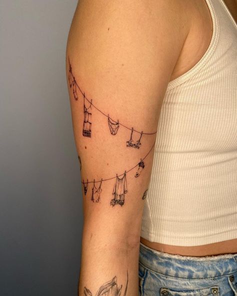 Jen ❤️ Chicago tattoo artist | Dainty clothes-line custom tattoo for the most beautiful, kind, and goofy pal! I'm lucky to know you 💕 love this how this turned out it... | Instagram Desert Tattoo, Lucky Tattoo, Chicago Tattoo, Line Tattoo, Custom Tattoo, Line Tattoos, Clothes Line, Tattoo Artist, Tattoo Artists