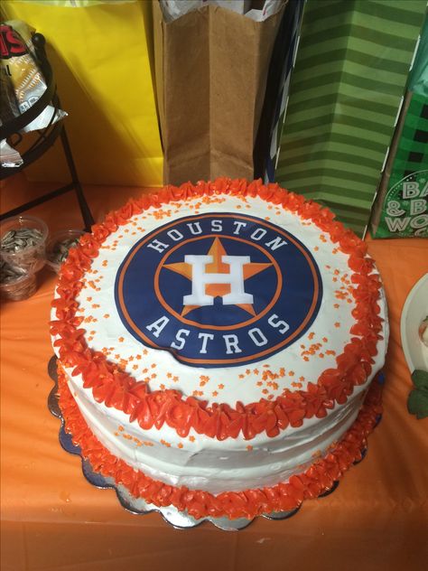 Astros Party Cake Astros Birthday Party Ideas, Astros Cake, Houston Astros Birthday Party, Astros Hat, Houston Astros, 8th Birthday, Cake Smash, Party Cakes, Birthday Decorations