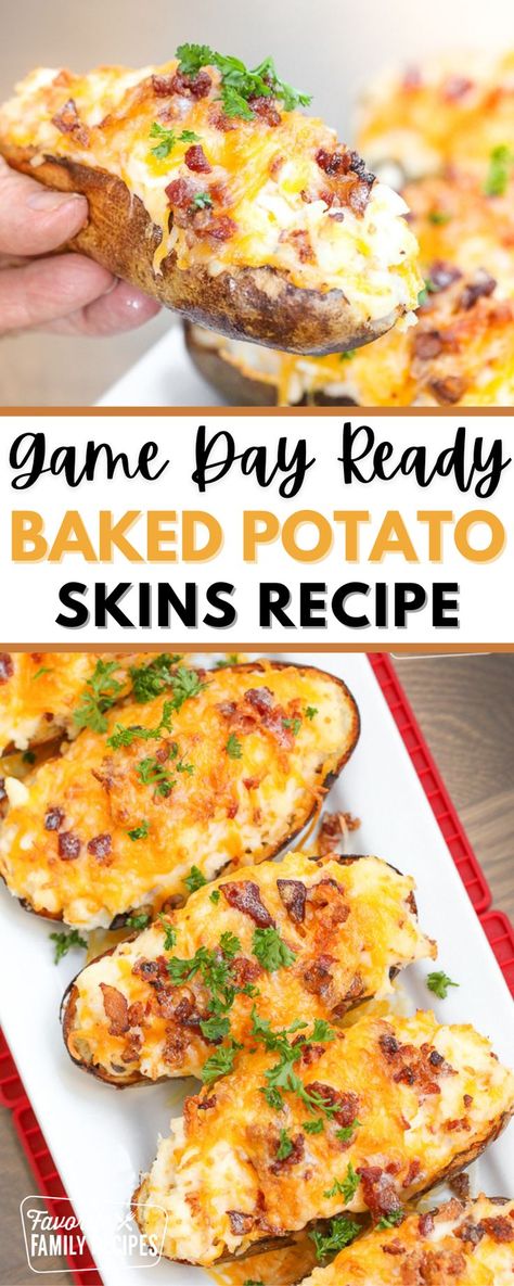 Everyone will love these twice baked potatoes! The cheese and bacon stuffed filling and the buttery, crisp potato skin is absolute game day perfection! You might be tempted to just top regular baked potatoes with these toppings, but this method is WAY better. Give it a try and you won’t be disappointed! Potato Skins Easy, Easy Twice Baked Potatoes, Potato Skins Recipe, Baked Potato Skins, Potatoe Skins Recipe, Perfect Baked Potato, Cheesy Mashed Potatoes, Potato Skin, Football Party Food