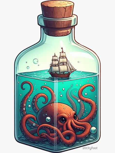 "Kraken and a Ship in a Bottle" Sticker for Sale by stickyfoot | Redbubble Pirate Ship In A Bottle, Bottle Drawings, Kraken Art, Fantasy Things, Ship In Bottle, Cuff Tattoo, Ship In A Bottle, Bottle Designs, Bottle Drawing