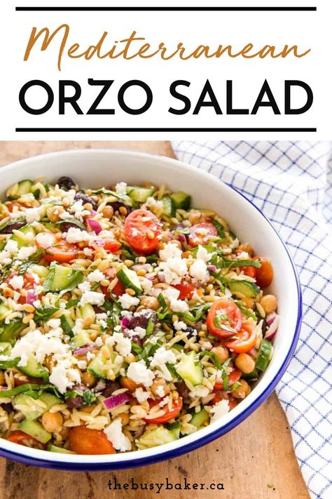 Mediterranean Orzo Salad is an easy recipe made with orzo pasta, chickpeas, veggies, herbs, feta cheese, and an easy Greek-style vinaigrette, topped with toasted pine nuts. This orzo pasta salad recipe makes the perfect meal prep lunch or dinner. If you love Mediterranean food even a little bit, you’re going to love this Greek Orzo Salad recipe! Orzo And Veggies, Pasta Salad Recipes Mediterranean, Orzo Greek Salad, Easy Mediterranean Salad, Pasta Chickpeas, Orzo Pasta Salad Recipe, Mediterranean Orzo Salad, Eastern Recipe, Crockpot Chicken Dinners