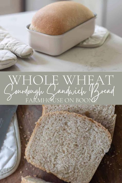 Bake the perfect loaf of whole wheat sourdough sandwich bread with this easy-to-follow recipe. A beautiful, flavorful loaf that will be loved by friends and family and become a staple in your house. #farmhouseonboone #wholewheatsourdoughsandwichbread #sourdough Sourdough Sandwich Bread Recipe Same Day, Farmhouse On Boone Sandwich Bread, Fresh Milled Sourdough Sandwich Bread, Sourdough Wheat Sandwich Bread, 100% Whole Wheat Sourdough Bread, Whole Wheat Sourdough Recipes, Whole Wheat Sourdough Sandwich Bread, Wheat Sourdough Sandwich Bread, Sandwich Sourdough