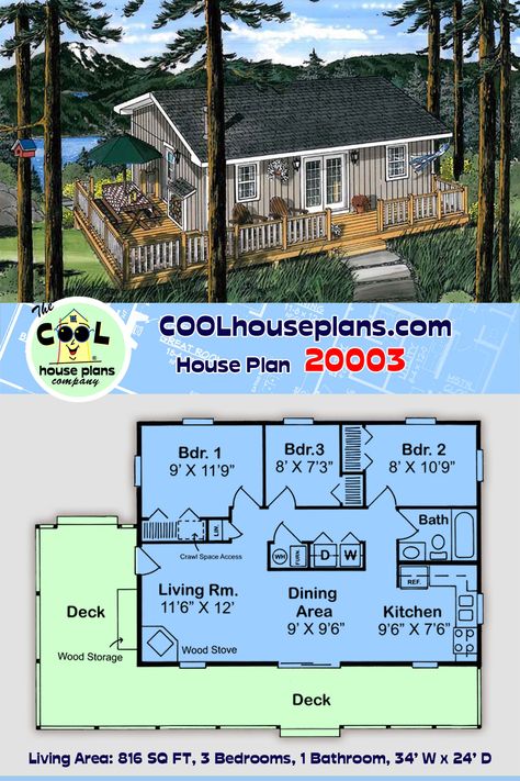 This affordable 3 bedroom cabin plan is similar to plan #6020 with the addition of a bedroom.  Used widely as a hunting cabin or a fishing cabin, this small house plan has everything needed for a small family.  If you are looking to build a home away from home on the lake, in the mountains or near the beach, this might be your plan.  Easy to build and inexpensive by choice, this floor plan would make a great vacation home.  #smallhouse #smallhome #huntingcabin #houseplans #homeplan Beach Cabin Floor Plans, 3 Bed Cabin Plans, Vacation House Floor Plan, Small Cabin Plans 3 Bedroom, Beach Cabin Plans, Small 3 Bedroom Cabin Floor Plans, Cabin House Plans 3 Bedroom, 3 Bedroom Cabin Floor Plans One Story, Small 3 Bedroom Cottage Floor Plans