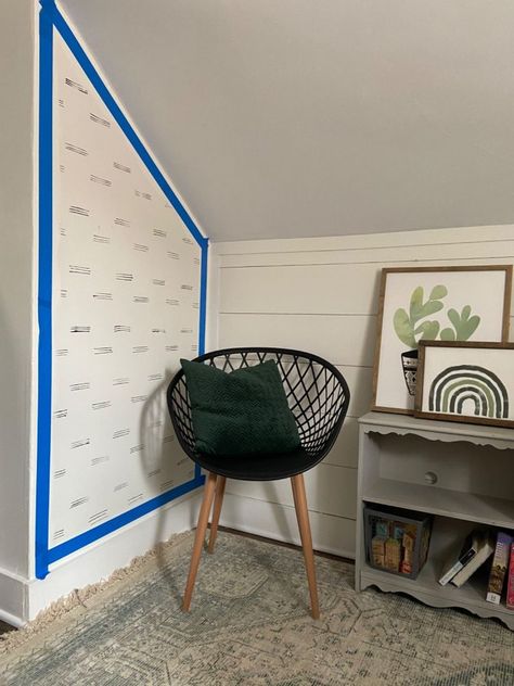 Color blocking may be a newer trend but I hope it’s here to stay! It’s such a great way to add character to a space for the cost of some paint. If you don’t want to paint an entire wall, it’s a perfect way to add a splash of color. It’s perfect in a small space OR to break up a large space!! Tape off your design       For my specific area, I chose to use the sloped ceiling as a guideline.  This made a trapezoid type design, but the options are endless. I’ve seen circles, semi circles,… Painting Over Wallpaper, Paint Decor, Cube Storage Shelves, Timber Shelves, Front Door Makeover, Painting Walls, Painting Stuff, Recycle Timber, Painted Coffee Tables