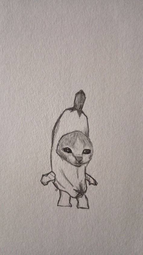 banana cat How To Draw A Poosay Cat, Banana Cat Tattoo, High Cat Drawing, Drawings For Small Sketchbook, Quick And Easy Sketches, Random Small Sketches, Cute Animal Sketches Doodles, Art Sketches Funny, Funny Cat Drawings Art