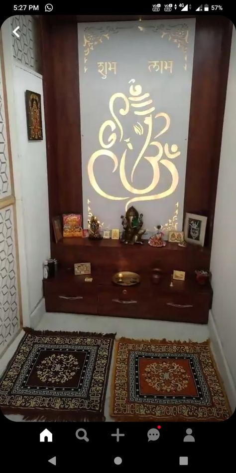 Home Temple Ideas Puja Room Hindus, Home Temple Ideas Puja Room, Dev Ghar, Pooja Backdrop, Temple Ideas, Mandir Designs, Pooja Door, Pooja Door Design, Modern Cupboard