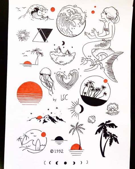 Beach Flash Tattoo, Summertime Tattoos, Summer Flash Tattoo, Florida Tattoos, Art Flash, Tatoo Inspiration, Summer Tattoo, Temp Tattoo, Tattoo Illustration