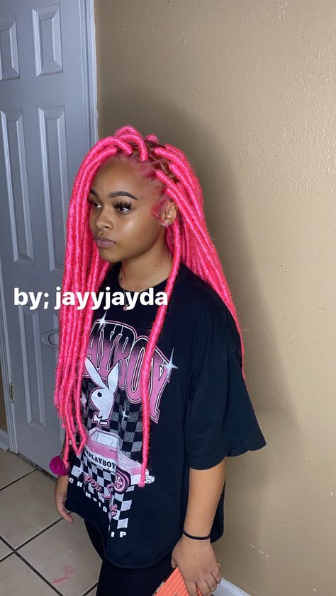 Box Braids With Pink Hair, Hot Pink Box Braids, Bohemian Goddess Faux Locs, Pink Hair Black Women Braids, Long Pink Braids For Black Women, Half Pink Half Black Hair Box Braids, Hot Pink Faux Locs, Pink Box Braids, Yarn Locs