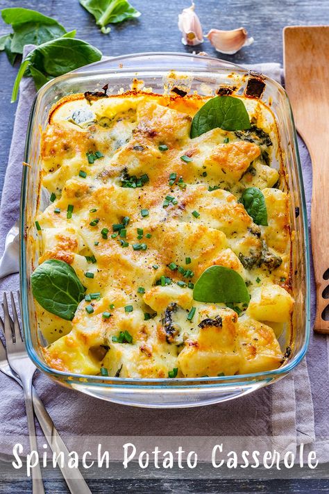 Spinach potato casserole is a simple dish that can be served as a main or side dish. You can divide the prep into 2 days and cook the potatoes night before, then just finish it off the following day. #potatocasserole #potatobake #main #sidedish Potatoes And Spinach Recipes, Breakfast Casserole With Potatoes, Spinach And Potato Recipes, Casserole With Potatoes, Vegetarian Casseroles, Spinach Casserole Recipes, Potatoes And Spinach, Spinach Potato, Potato Spinach