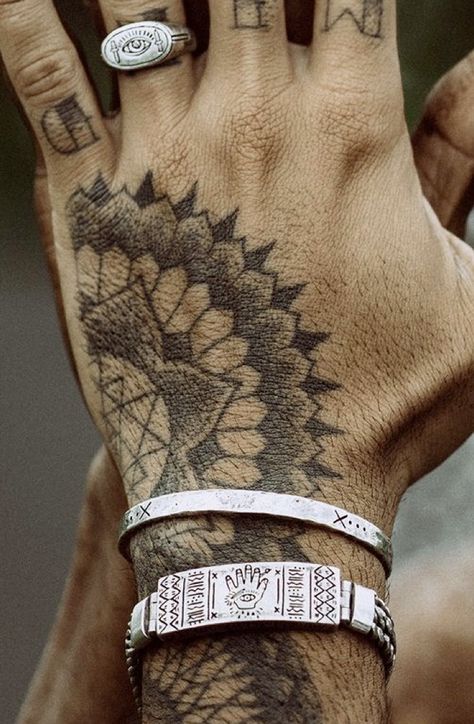 Wrist Mandala Tattoo Men, Mandala Hand Tattoo Men, Half Mandala Tattoo Design Men, Hand Tattoo Men Ideas, Men’s Mandala Hand Tattoo, Men’s Mandala Tattoo Sleeve, Mens Finger Tattoos, Masculine Mandala Tattoo, Hand Tattoo Men