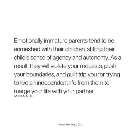 There are four different types of emotionally immature parents, but at the root of each type is poor emotional development, a lack of relational skills, self-centeredness, and a struggle to develop deep emotional intimacy with their children. If you have an emotionally immature parent, it is wise to exercise discernment regarding the things you share with them. Have boundaries, and remember that some things are not your parents’ business. Parentified Daughter, Adult Children Of Emotionally Immature, Controlling Parents, Emotionally Immature Parents, Emotionally Immature, Children Of Alcoholics, Emotional Intimacy, Guilt Trips, Emotional Development