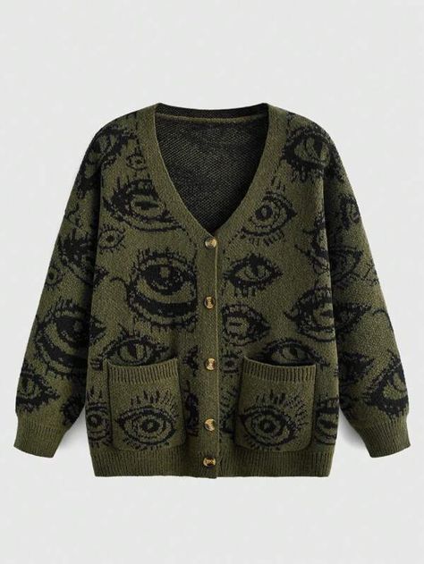 Grunge Punk Cardigan Motif Yeux Épaule tombante | SHEIN Grunge Cardigan, Romwe Sweater, Grunge Fits, Shoulder Cardigan, Drop Shoulder Cardigan, Eye Pattern, Grunge Punk, Oversized Style, Halloween Fashion