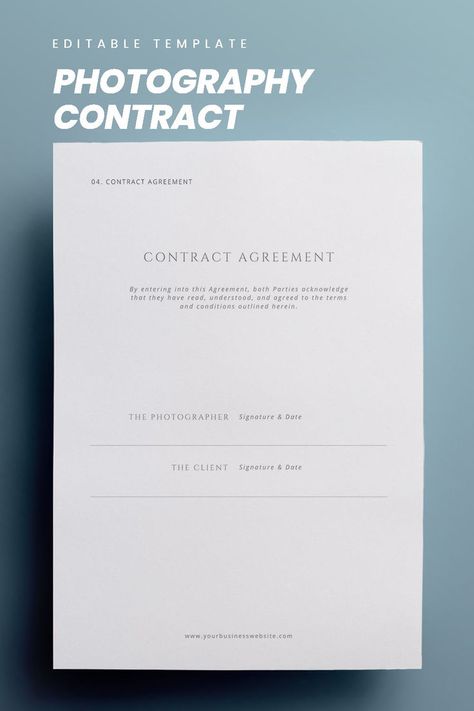 Elevate your photography business with this Photography Contract Template! This fully customizable Canva template is designed to provide clear agreements between you and your clients, featuring sections for client information, service details, payment terms, and usage rights. Easily personalize the template to match your branding and specific services. Photography Contract Template, Photography Forms, Photography Contract, Contract Agreement, Contract Template, Canva Design, Photography Business, Canva Template, Template Design