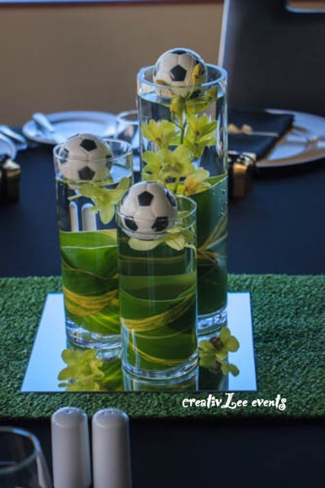 Soccer Birthday Centerpieces, Soccer Theme Centerpieces, Soccer Centerpieces Banquet, Soccer Table Decorations, Soccer Bar Mitzvah, Soccer Banquet Decorations, Soccer Graduation Party Ideas, Soccer Centerpiece Ideas, Soccer Banquet Ideas