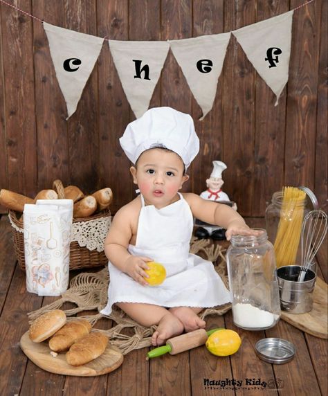 Baby Birthday Pictures, Born Baby Photos, Baby Chef, Baby Photography Backdrop, Baby Boy Newborn Photography, Baby Birthday Dress, Monthly Baby Pictures, Baby Milestone Photos, Newborn Photography Boy