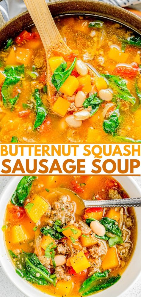 Butternut Squash and Sausage Soup - Averie Cooks Squash And Sausage Soup, Butternut Squash Sausage Soup, Butternut Squash And Sausage, Squash Sausage, Butternut Squash Sausage, Sausage Soup Recipes, Averie Cooks, Chicken And Butternut Squash, Italian Sausage Soup