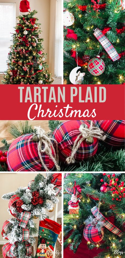 Tartan Plaid Christmas Trees, Red Plaid Christmas Trees, Scottish Plaid Christmas Tree, Flannel Christmas Tree Ideas, Red Tartan Plaid Christmas Tree, Christmas Tree Tartan Ribbon, Red Green Plaid Christmas Decor, Christmas Trees With Plaid Ribbon, Mixed Plaid Christmas Decor