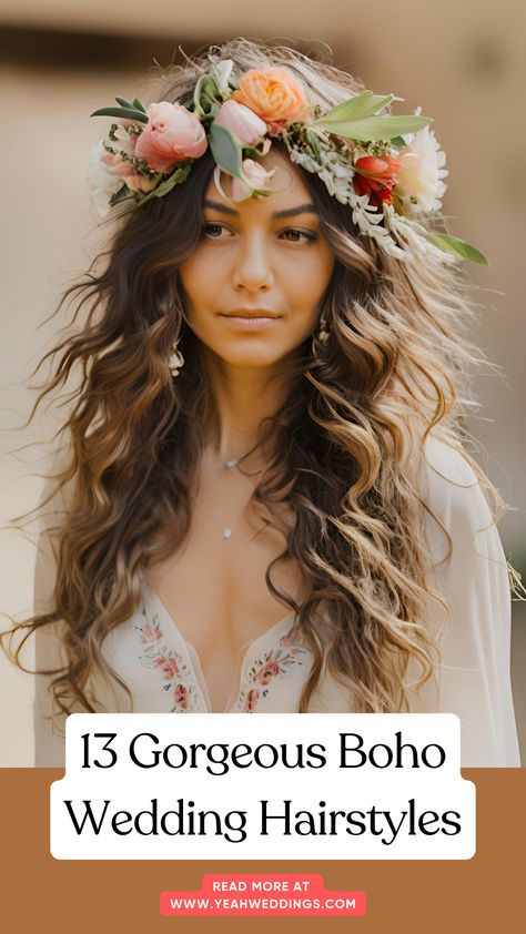 A stunning bride with loose, wavy hair styled in a boho chic look, adorned with delicate floral accessories, perfect for a bohemian-inspired wedding. Boho Wedding Hairstyles Updo, Beach Wedding Hair Flowers, Boho Bride Hairstyles, Boho Chic Hair, Boho Wedding Hairstyles, Romantic Braid, Boho Chic Hairstyles, Chic Ponytail, Bohemian Wedding Hair