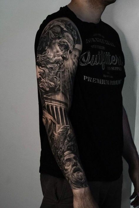 Greek Mythology Full Sleeve Tattoo, Greek Tattoo Sleeve, Greek Sleeve Tattoo, Greek Mythology Tattoo Design, Greek Mythology Tattoos Sleeve Ideas, Greek Mythology Sleeve, Greek Mythology Tattoos Sleeve, Mens Full Sleeve Tattoo, Greek God Tattoo