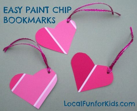 Paint Chip Valentines, Chip Valentines, Paint Chip Bookmarks, Birthday Party Craft Ideas, Paint Samples Crafts, Shaped Bookmarks, Valentine Bookmarks, Sleepover Crafts, Paint Chip Cards