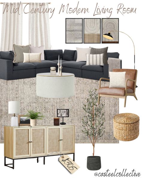 Get inspired with this collection of furniture and decor that create a mid century look. Added bonus three places for hidden storage! Living Room Gray Sectional Decor, Rug Under Sectional Sofa, Modern Farmhouse Living Room Grey Couch, Charcoal Gray Couch Living Room, Living Room With Grey Couch, Grey Living Room Ideas, Living Room Decor Elegant, Living Room Inspiration Board, Havenly Living Room