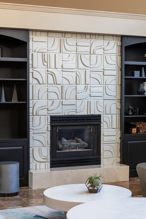 Fireplaces | North Country Tile Dimensional Tile Fireplace, Fun Tile Fireplace, Black And White Tile Fireplace, Pattern Tile Fireplace, Modern Tiled Fireplace, Tile In Front Of Fireplace, Tile For Fireplace Surround, Fireplace Finishes, Face Fireplace