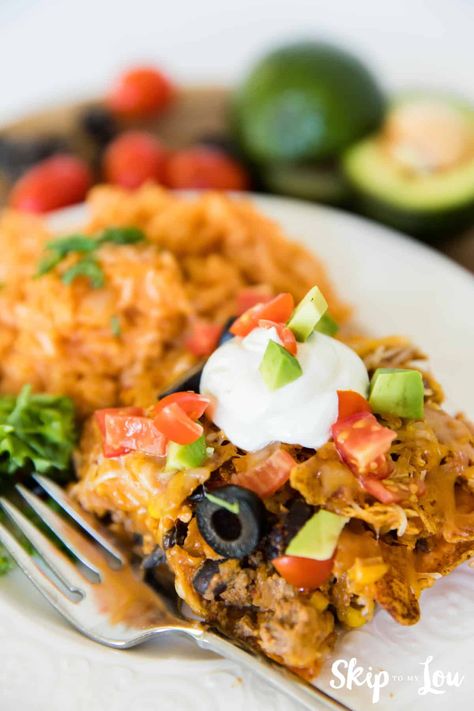 Doritos Casserole | Skip To My Lou Taco Bake With Doritos, Taco Rice Bake, Doritos Casserole Recipes, Dorito Taco Casserole, Doritos Recipes, Doritos Casserole, Family Favorite Casseroles, Easy Taco Casserole, Dorito Casserole