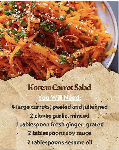 Veggie Recipes Asian, Quick Salad Ideas, August Meal Ideas, Vegetarian Recipes Asian, Korean Carrot Salad, Korean Carrot, Recipes Korean, Koreansk Mat, Asian Side Dishes