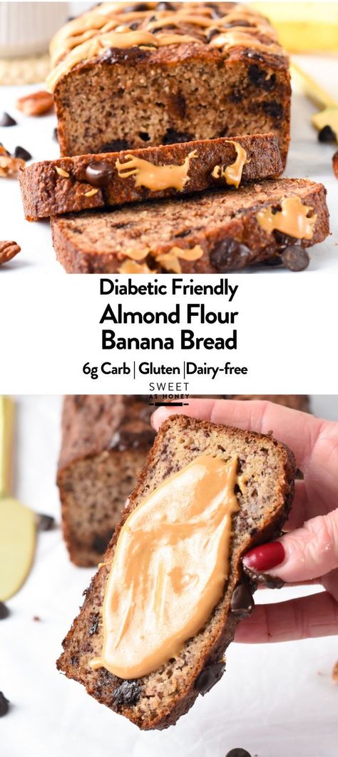 This Almond Flour Banana Bread is an easy, healthy recipe with no sugar added and dairy-free!Bonus, this banana bread is also low-carb with only 6 grams of net carbs per slice, 3 times less than regular banana bread, and perfect as a diabetic-friendly banana bread recipe. Banana Nut Bread Almond Flour, Healthy Dairy Free Banana Bread, No Carb Banana Bread, Low Carb Banana Recipes Healthy, Low Carb Banana Desserts, Banana Bread Recipe Low Carb, Banana And Almond Flour Recipes, Banana Bread With Almond Flour Recipes, Best Banana Bread Recipe Healthy