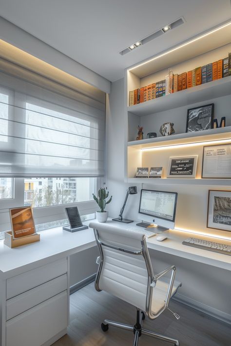 Serene & Stylish Home Office: A Modern Setup for Peak Productivity White Office Setup, Corner Desk Setup, White Bookshelf, Stylish Home Office, White Bookshelves, Built In Cupboards, Small Home Offices, Desktop Setup, Office Inspo